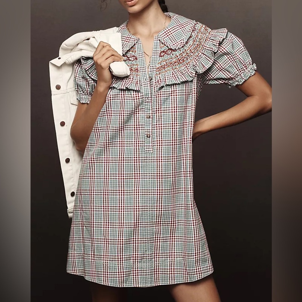 Anthropologie Plaid Ruffle Collar Short Sleeve Dress in Red, Green, White